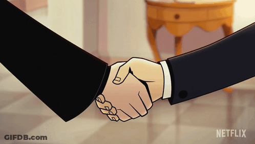A Cartoon Of Two People Shaking Hands With A Netflix Logo In The Corner GIF
