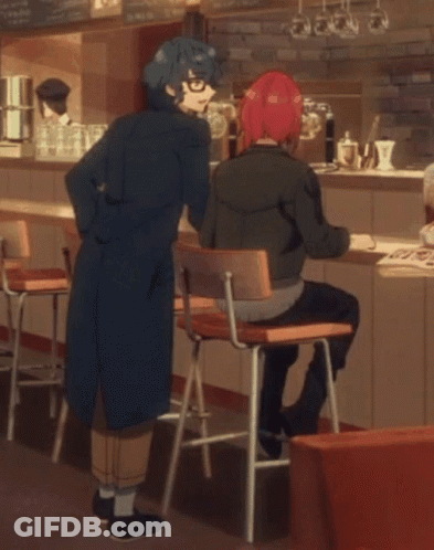 A Cartoon Of Two People Sitting At A Counter In A Restaurant GIF