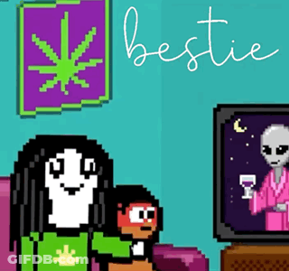 A Cartoon Of Two People Sitting In Front Of A Television With The Words Bestie Written On The Bottom GIF