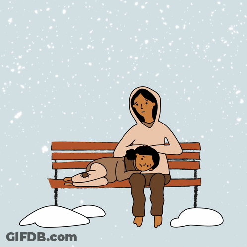 A Cartoon Of Two People Sitting On A Couch With Snow Falling GIF
