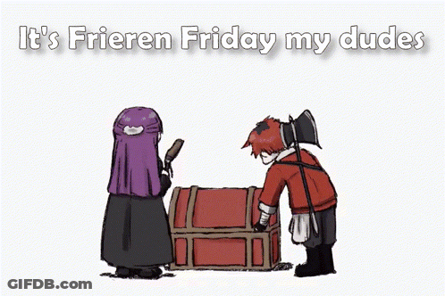 A Cartoon Of Two People Standing Next To A Box That Says It 'S Frieren Friday My Dudes On It GIF