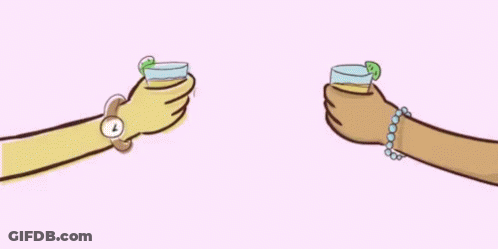 A Cartoon Of Two People Toasting With Drinks GIF