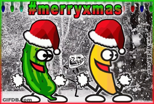 A Cartoon Of Two Pickles Wearing Santa Hats With The Words Merryxmas Above Them GIF