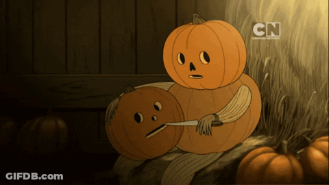 A Cartoon Of Two Pumpkins Holding A Knife With The Cn Logo In The Background GIF