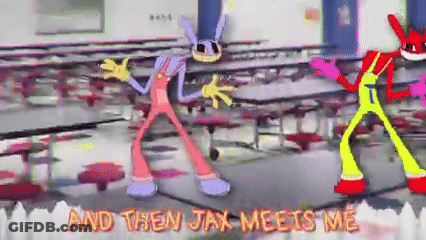 A Cartoon Of Two Rabbits Dancing In A School Cafeteria With The Words And Then Jax Meets Me Below Them GIF