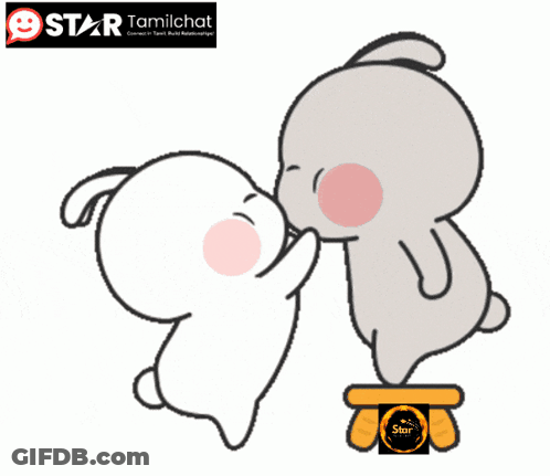 A Cartoon Of Two Rabbits Kissing With A Star Tamilchat Logo GIF