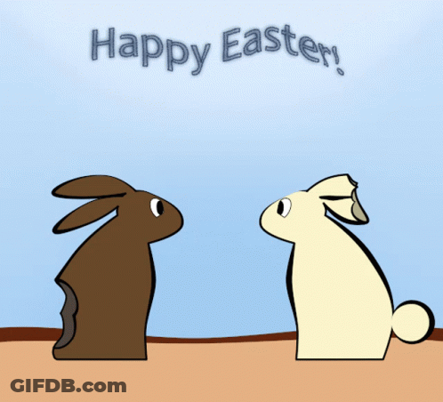A Cartoon Of Two Rabbits With A Speech Bubble That Says Happy Easter GIF
