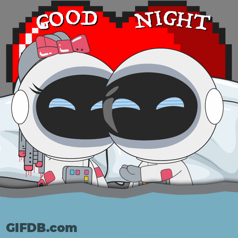 A Cartoon Of Two Robots Laying In Bed With The Words Good Night Written In The Background GIF