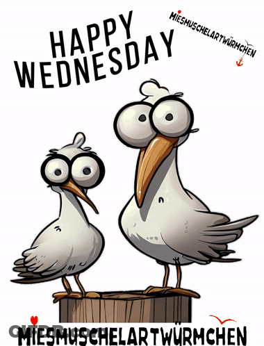 A Cartoon Of Two Seagulls Standing On A Barrel With The Words Happy Wednesday Written Above Them GIF