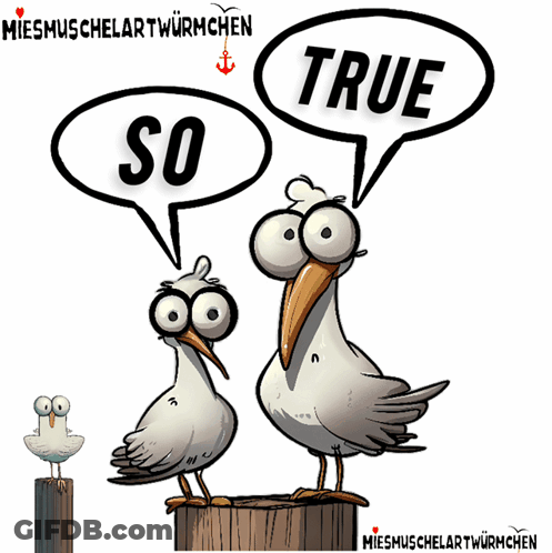 A Cartoon Of Two Seagulls With Speech Bubbles That Say So True GIF