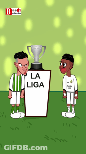 A Cartoon Of Two Soccer Players Standing Next To A Trophy That Says La Liga GIF