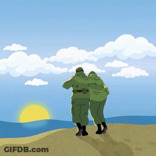 A Cartoon Of Two Soldiers Hugging Each Other Looking At The Ocean GIF