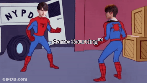 A Cartoon Of Two Spider-Man Standing Next To Each Other With The Words Same Sourcing Tm Below Them GIF
