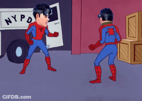 A Cartoon Of Two Spidermans Pointing At Each Other In Front Of A Nypd Truck GIF