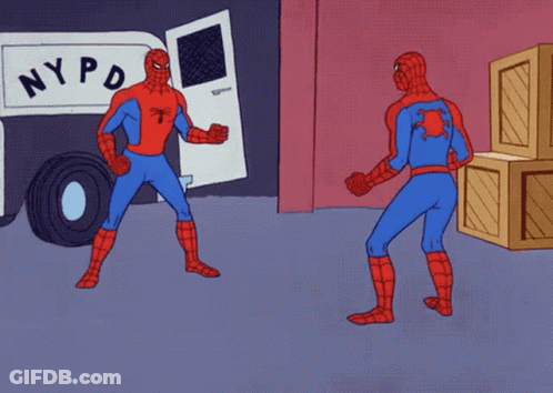 A Cartoon Of Two Spidermans Standing In Front Of A Nypd Van GIF