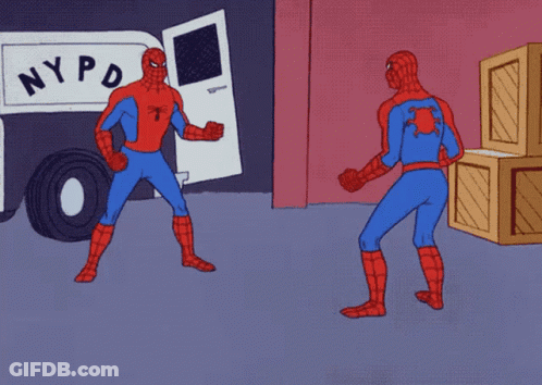 A Cartoon Of Two Spidermans Standing In Front Of A Nypd Van GIF