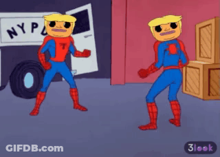 A Cartoon Of Two Spidermans Standing Next To Each Other In Front Of A Nyp Truck GIF