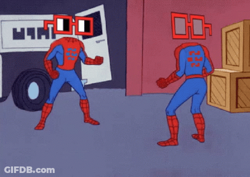 A Cartoon Of Two Spidermans Standing Next To Each Other GIF