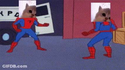 A Cartoon Of Two Squirrels In Spiderman Costumes Standing Next To Each Other GIF