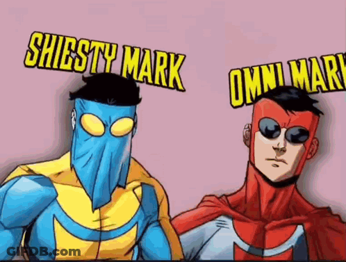 A Cartoon Of Two Superheros Named Shigsty Mark And Omni Mark Standing Next To Each Other GIF
