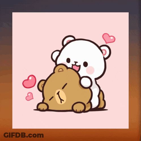 A Cartoon Of Two Teddy Bears Hugging Each Other With Hearts Around Them GIF