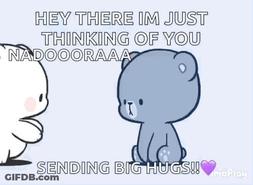 A Cartoon Of Two Teddy Bears Hugging Each Other With The Words `` Hey There Im Just Thinking Of You Nadaooraaa '' GIF