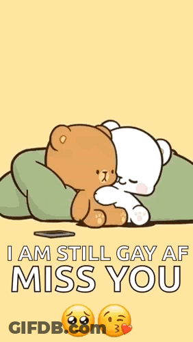 A Cartoon Of Two Teddy Bears Hugging Each Other With The Words `` I Am Still Gay And Miss You '' . GIF
