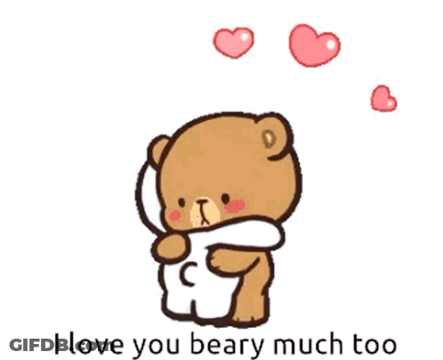 A Cartoon Of Two Teddy Bears Hugging Each Other With The Words I Love You Beary Much Too . GIF