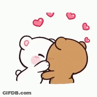 A Cartoon Of Two Teddy Bears Kissing Each Other With Hearts Floating Around Them . GIF