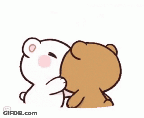 A Cartoon Of Two Teddy Bears Kissing Each Other With Hearts Floating Around Them . GIF