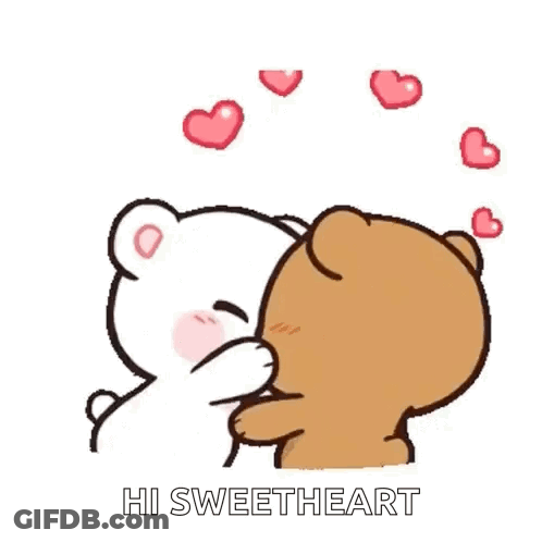 A Cartoon Of Two Teddy Bears Kissing Each Other With Hearts Surrounding Them . GIF