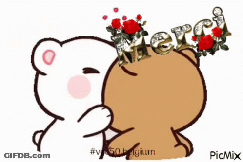 A Cartoon Of Two Teddy Bears Kissing With The Word Merci Written Above Them GIF