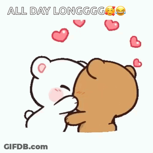A Cartoon Of Two Teddy Bears Kissing With The Words All Day Longgg GIF