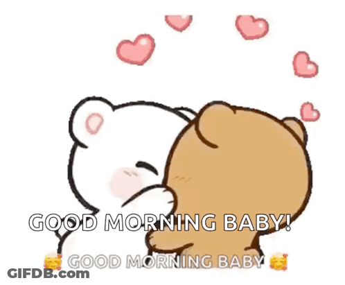 A Cartoon Of Two Teddy Bears Kissing With The Words " Good Morning Baby " Above Them GIF