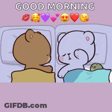 A Cartoon Of Two Teddy Bears Laying In A Bed With The Words Good Morning Written Above Them GIF