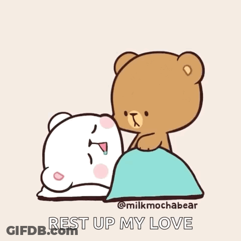 A Cartoon Of Two Teddy Bears Laying In Bed With The Words `` Rest Up My Love '' Written On The Bottom . GIF