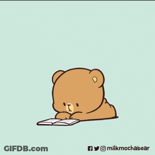 A Cartoon Of Two Teddy Bears Reading A Book And One Bear Is Holding A Cup Of Coffee GIF