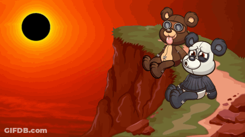 A Cartoon Of Two Teddy Bears Sitting On A Cliff Watching An Eclipse GIF