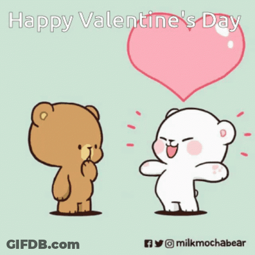 A Cartoon Of Two Teddy Bears Standing Next To Each Other With A Heart Above Them And The Words Happy Valentine 'S Day GIF