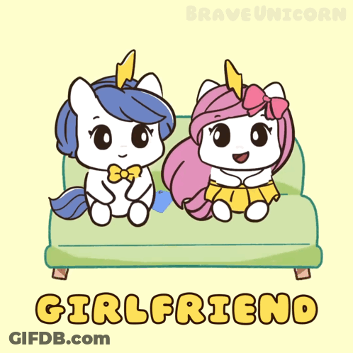 A Cartoon Of Two Unicorns Sitting On A Couch With The Words " Girlfriend " Below Them GIF
