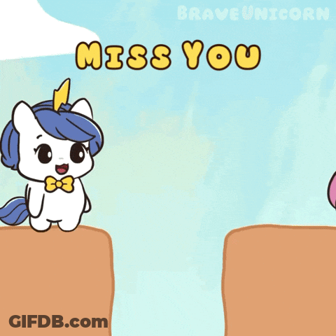 A Cartoon Of Two Unicorns Standing Next To Each Other With The Words " Miss You " Above Them GIF