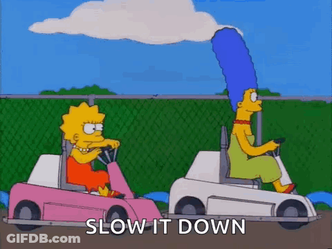A Cartoon Of Two Women Driving Go Karts With The Words `` Slow It Down '' . GIF
