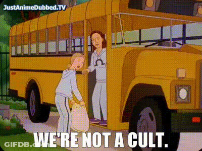 A Cartoon Of Two Women Getting Off A School Bus With The Caption We 'Re Not A Cult . GIF