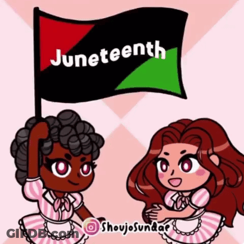 A Cartoon Of Two Women Holding A Flag That Says Juneteenth GIF