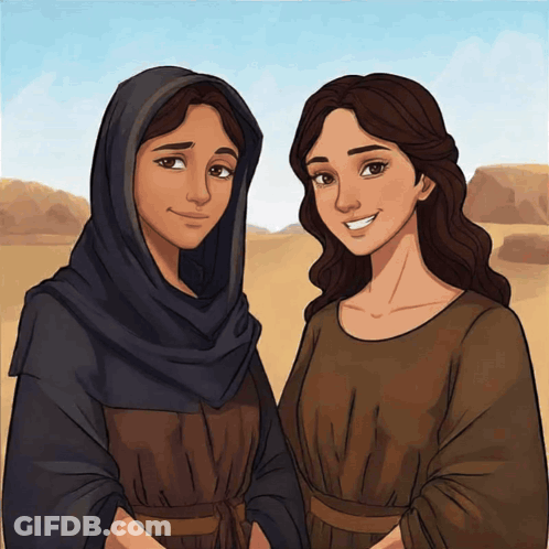 A Cartoon Of Two Women Standing Next To Each Other In A Desert GIF