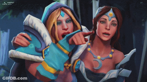 A Cartoon Of Two Women Standing Next To Each Other One Pointing GIF
