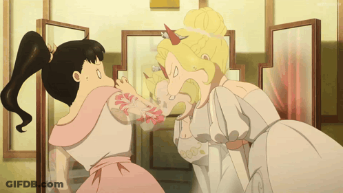 A Cartoon Of Two Women Standing Next To Each Other With One Having A Tattoo On Her Arm GIF