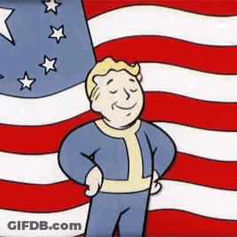A Cartoon Of Vault Boy Standing In Front Of An American Flag . GIF