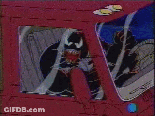 A Cartoon Of Venom In A Red Vehicle GIF