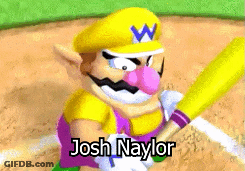 A Cartoon Of Wario Holding A Baseball Bat With The Name Josh Naylor Below Him GIF